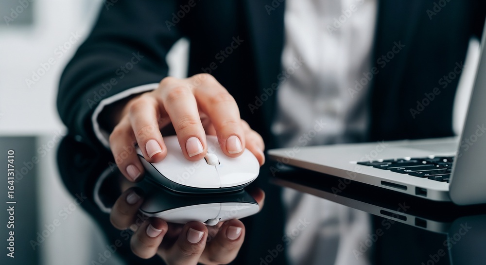 Poster a professional using a wireless mouse on a reflective table, a shot that conveys precision, modernit