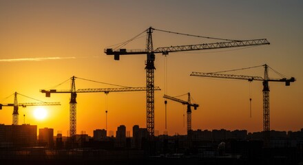 Construction cranes over city during sunset with silhouette buildings
