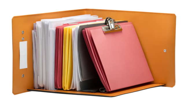 An organized folder with assorted documents and clipboards for efficient office management.