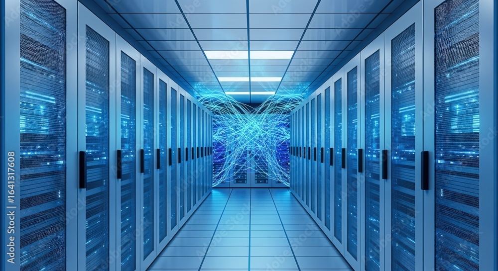 Poster server room data center with network connection fiber optics, cloud computing and information storag