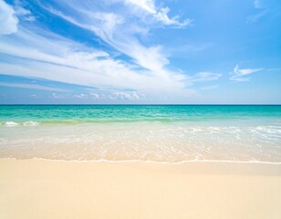 Fototapeta premium Water ripple gently flows over the sandy beach, creating delicate patterns and shimmering reflections under sunlight, illustrating natural beauty and peaceful coastal atmosphere in a serene seaside en