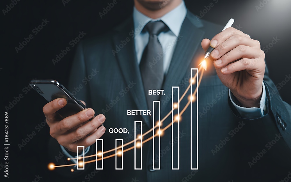 Poster a businessman in a suit draws a rising arrow on a virtual bar chart showing progress from good to be