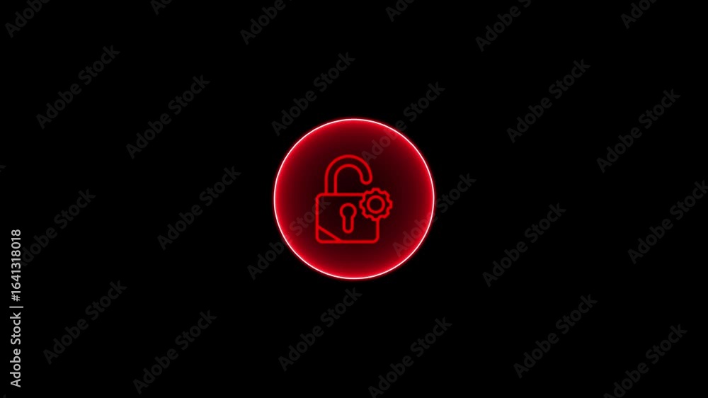 Aufkleber glowing red neon animation of an unlocked padlock icon with a settings gear. the luminous line-art s