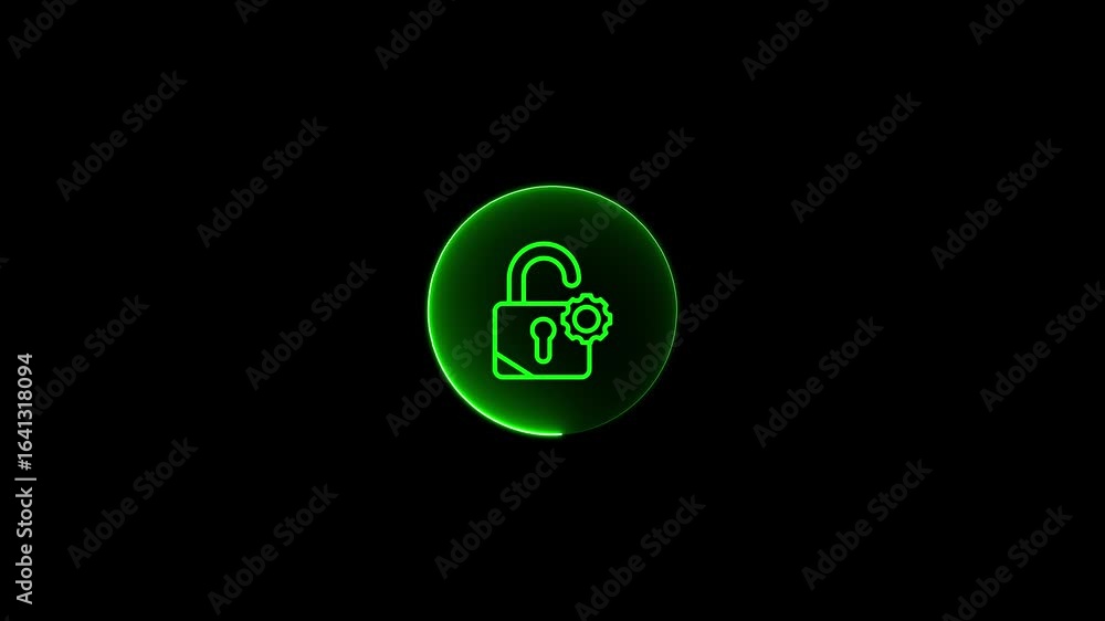 Aufkleber glowing green neon animation of an unlocked padlock icon with a settings gear. the luminous line-art