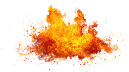 Bright explosion with vibrant flames and smoke, isolated on a white background.