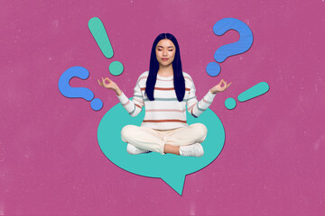 Picture collage of person meditate stand color textbox saying exclamation question marks on pink...