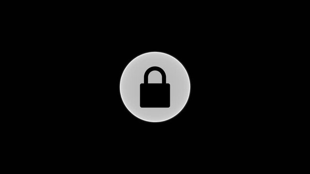  abstract  lock icon  animation on black background with white circle ,Glowing neon dynamic future white  color lock icon protection safety security privacy password circle closed sign symbol .