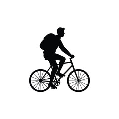 Fototapeta premium Silhouette of a man riding a bicycle with a backpack, isolated on white background
