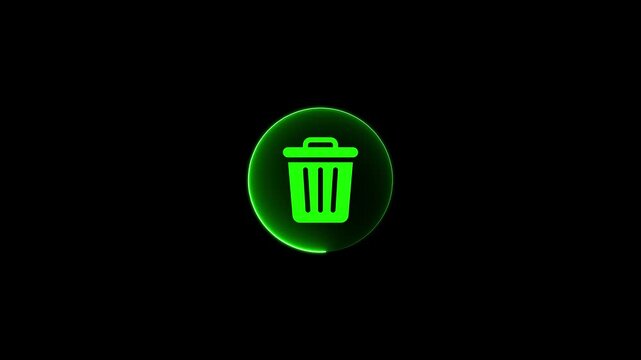 animation of a  green trash can icon inside a circular button on a black background. the symbol for deleting, removing, or discarding is activated.