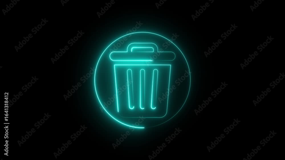 Poster a glowing neon line animation of a trash can icon. the luminous cyan outline of the delete symbol ap
