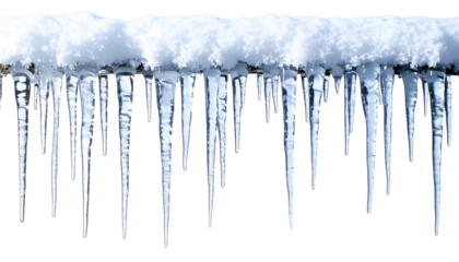 Row of icicles hanging from melting snow, set against a pristine white background, evoking a serene winter scene perfect for seasonal celebrations and holiday themes