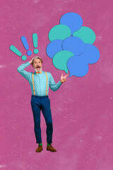 Poster trend collage of person demonstrate finger speaking mind cloud with exclamation mark on pink...