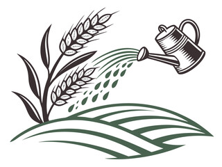 A stylized illustration of watering wheat crops. This vector graphic depicts a watering can pouring water onto stylized wheat fields.