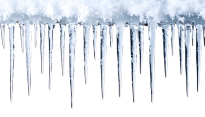 Row of icicles hanging from melting snow, set against a pristine white background, evoking a serene winter scene perfect for seasonal celebrations and holiday themes