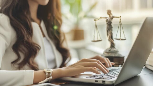 An image of a woman in a white blazer working on a laptop, next to a statue of the scales of justice. The scene evokes law, office environment, and the integration of technology.