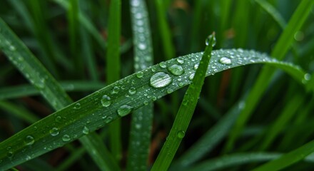 Fresh green grass with clear dew drops. Morning water pearl on vibrant natural leaf. Macro view moisture element for background.
