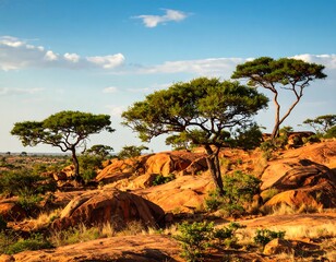 Naklejka premium Sunny savanna landscape with trees and rocks