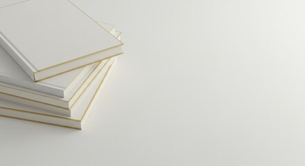 Stack of white books with gold trim, a minimal design for education and luxury. Blank canvas for text or logo presentation. copy space