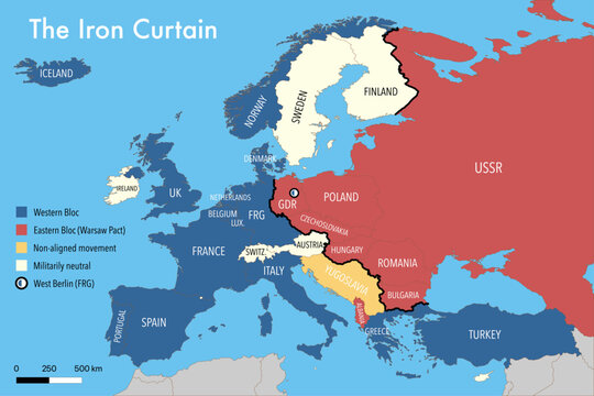 Europe After World War II Map &ndash; Iron Curtain and Division Between Eastern and Western Blocs