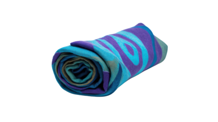 Colorful rolled towel with blue and purple patterns, ideal for beach or pool.