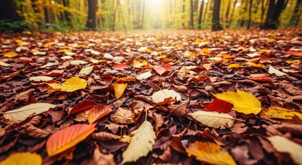 Close-up of colorful fallen autumn leaves covering the ground in a forest. Beautiful fall season background with warm sunlight filtering through the trees.