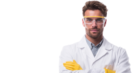 Confident scientist in protective gear, arms crossed, isolated on white background.