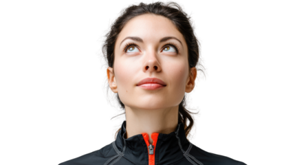 Confident woman looking up, wearing athletic clothing, isolated on a white background.