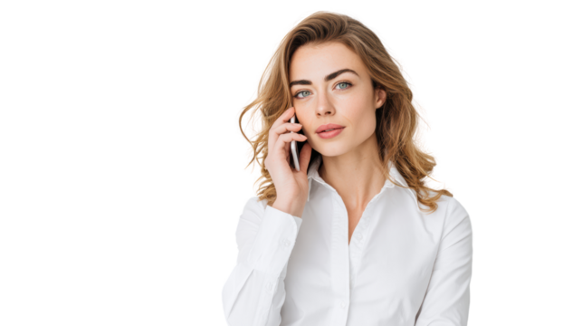 Confident woman talking on the phone, wearing a white shirt, with a soft smile against an isolated background.