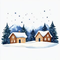 Naklejka premium Watercolor painting of a snow-capped alpine village with cozy cabins and majestic mountains for winter holiday decor