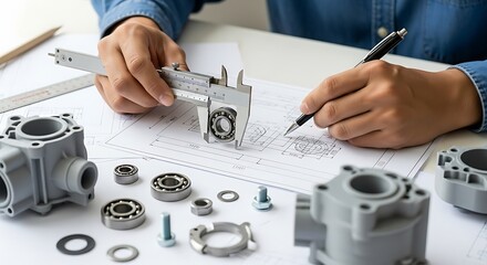 Engineer measuring bearing with caliper and drawing engineering plans