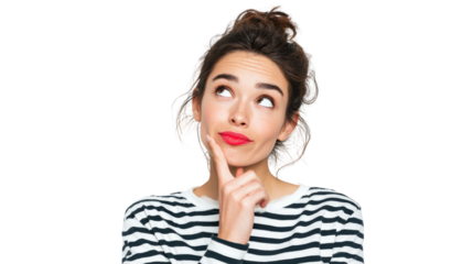 Contemplative woman with finger on chin, wearing striped shirt, looking up thoughtfully against white background.