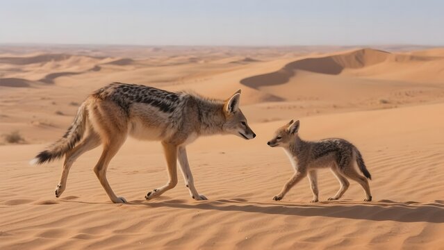 A jackal and its pup traverse the sandy dunes of a desert landscape under clear skies.