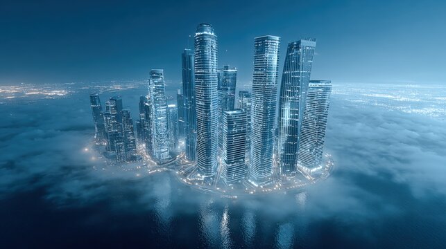 Futuristic Cityscape at Night: Aerial View of Illuminated Skyscrapers Emerging from Fog, Modern Urban Metropolis