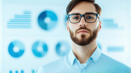 Business analyst with glasses and beard analyzing data charts and graphs in office, focused and professional expression