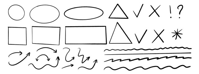 Fototapeta premium Big bundle of black hand-drawn design elements including arrows, rectangles, and oval marker shapes on transparent background
