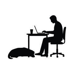 Silhouette of a man working at a desk with his dog lying at his feet, isolated on white background