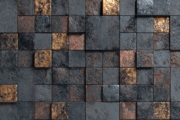 Abstract pattern of dark gray and copper-toned square tiles