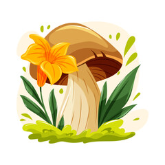 Brown forest mushroom with bright yellow flower, green grass and leaves. Whimsical vector illustration in cute cartoon style.