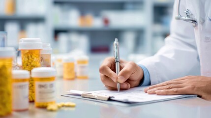 Close-up of a doctor or pharmacist's hands writing a prescription on a clipboard with medicine bottles in the background