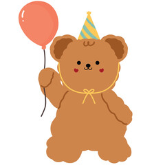 cute bear wearing birthday hat and carrying balloon