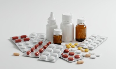 A collection of various medications, including blister packs of capsules and pills, loose tablets, and several pharmaceutical bottles, against a clean