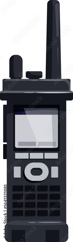 Poster modern portable radio transceiver featuring a digital display and keypad, enabling communication thr