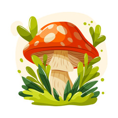 Bright red fly agaric mushroom with white spots, surrounded by green leaves and grass. Cute cartoon vector illustration for stickers and prints.
