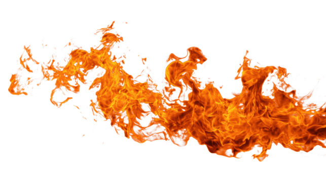 Dynamic orange fire flame with smoke on a transparent background for creative designs.