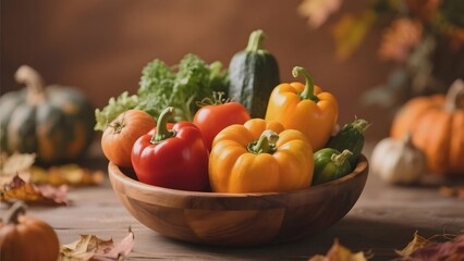 A wooden bowl filled with colorful bell peppers and kale, surrounded by pumpkins and autumn leaves.