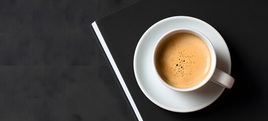 Top view of a cup of coffee on a white saucer and black notebook. Minimalist workspace, morning routine, productivity, and creative inspiration.