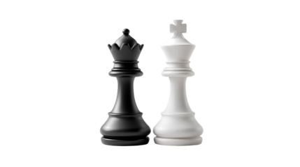 Chess King and Queen: Close-up view of a black chess queen standing adjacent to a white chess king, symbolizing strategic partnership and a battle of wills.