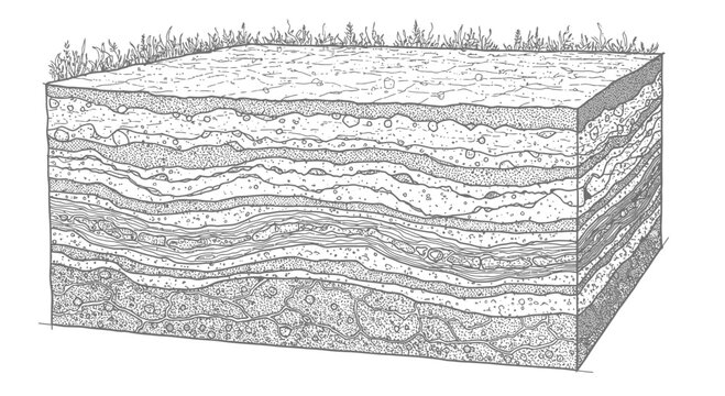 Cross-section of soil layers showing different horizons and composition in earth