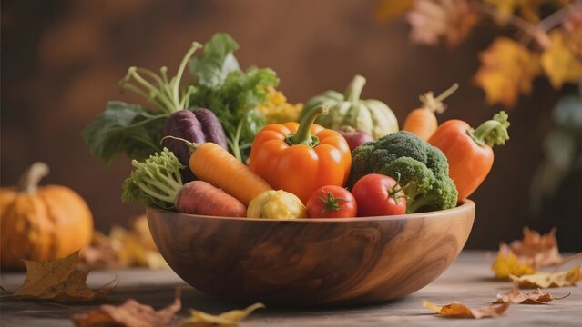 A wooden bowl filled with a colorful assortment of autumn vegetables and pumpkins, set against a backdrop of falling leaves.