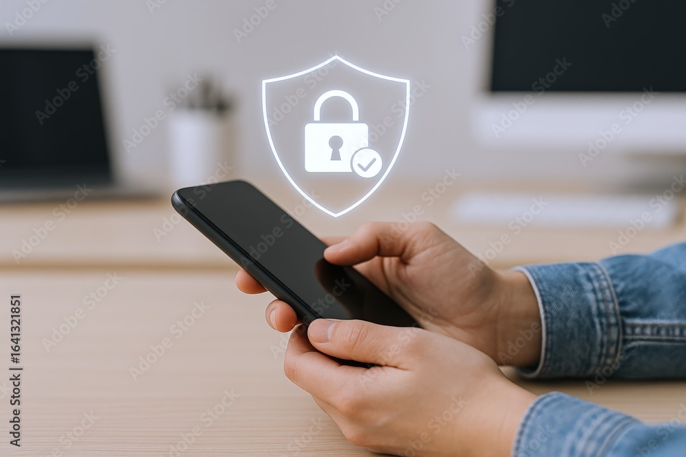 Aufkleber mobile security: person using smartphone with shield and padlock icon for secure access